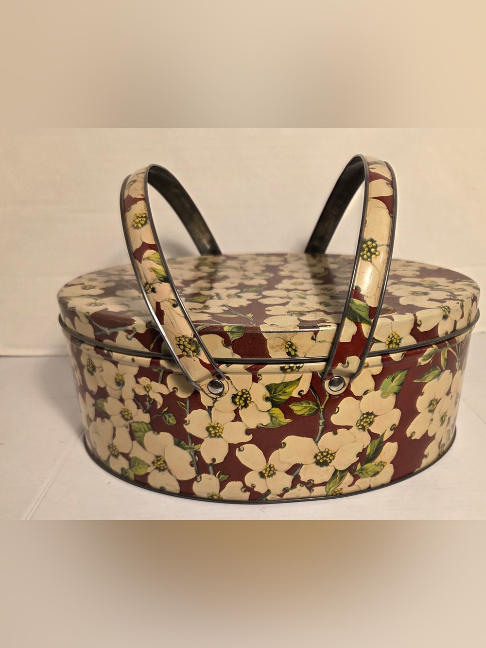 Vintage Dogwood Flower Metal Tin With Handles White Brown Sewing Basket